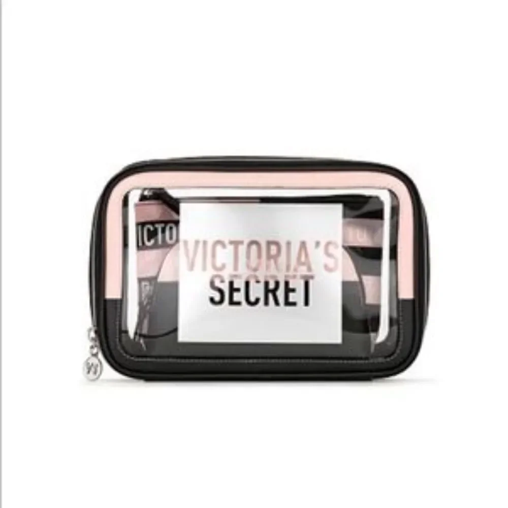 Victoria's Secret 3-Piece Beauty Bag Set Pink Black Striped Cosmetic Travel Case